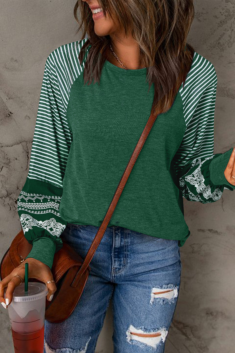 Tillandsia Purple Contrast Print Striped Raglan Long Sleeve Loose Top