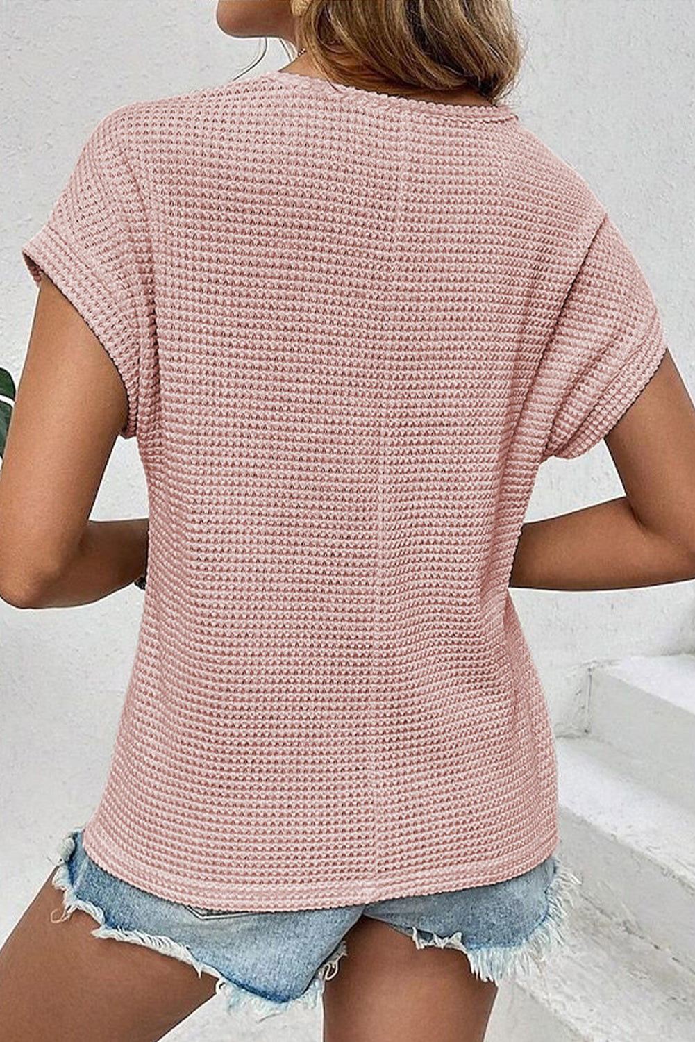 Oatmeal Hollow Patchwork Waffle Knit Top