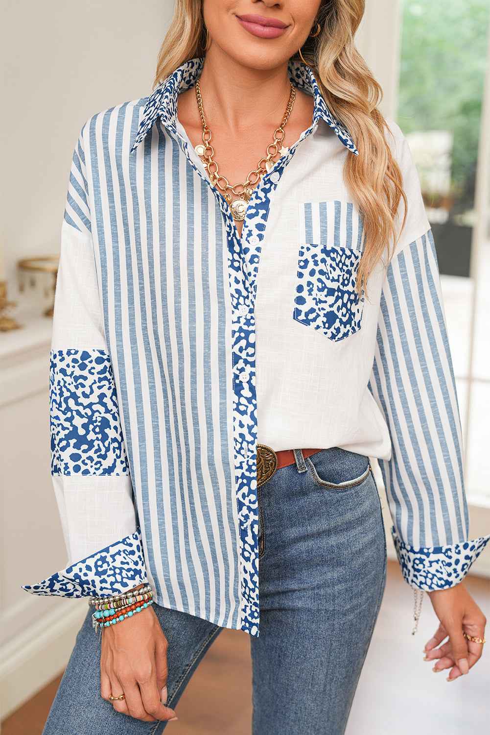 Pink Leopard Striped Patchwork Button-up Shirt