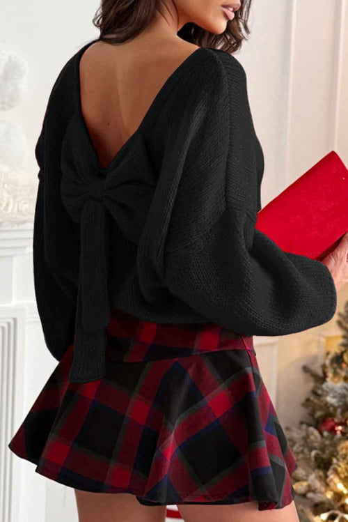 Black Bow Backless Bubble Sleeve Sweater by Wild and Free Boutique