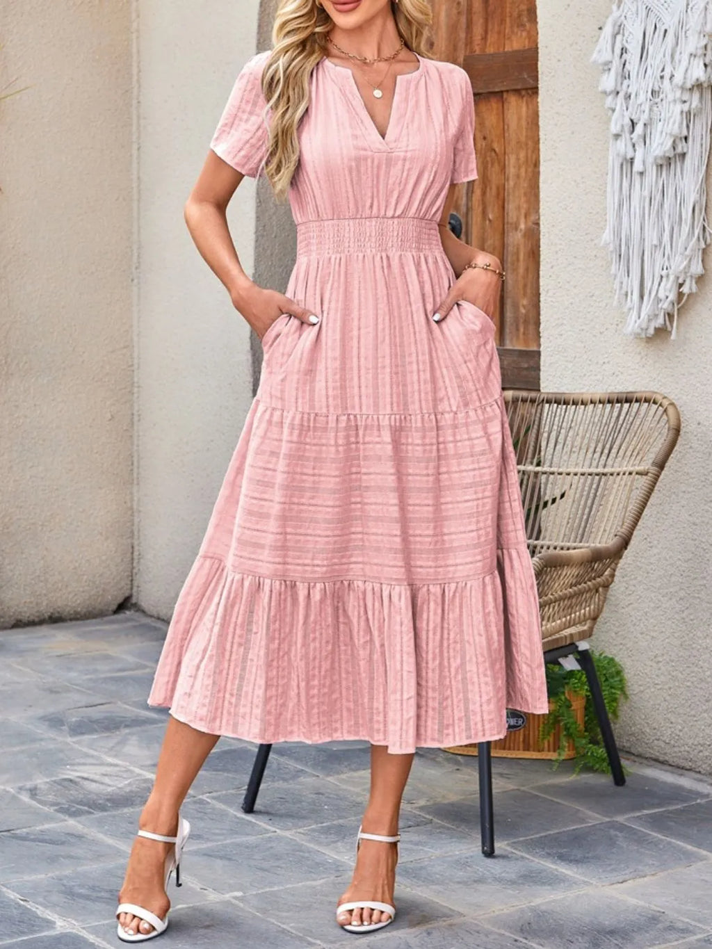 Tiered Notched Short Sleeve Dress by Shopiebay