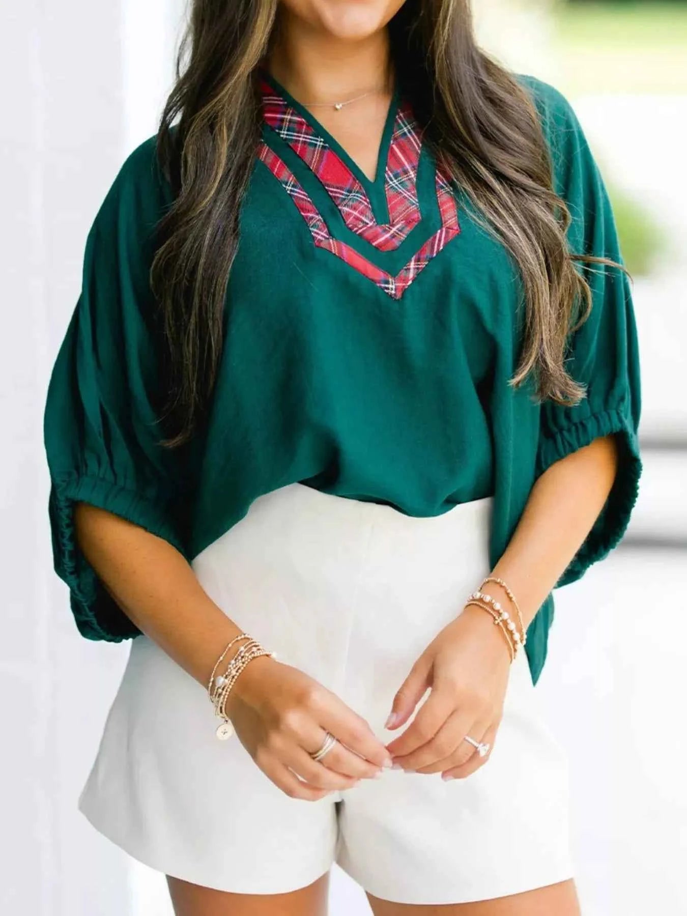 Plaid Trim Half Sleeve Blouse