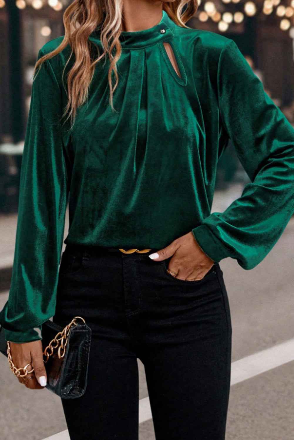 Red Dahlia Asymmetric Button Keyhole Neck Long Sleeve Velvet Blouse