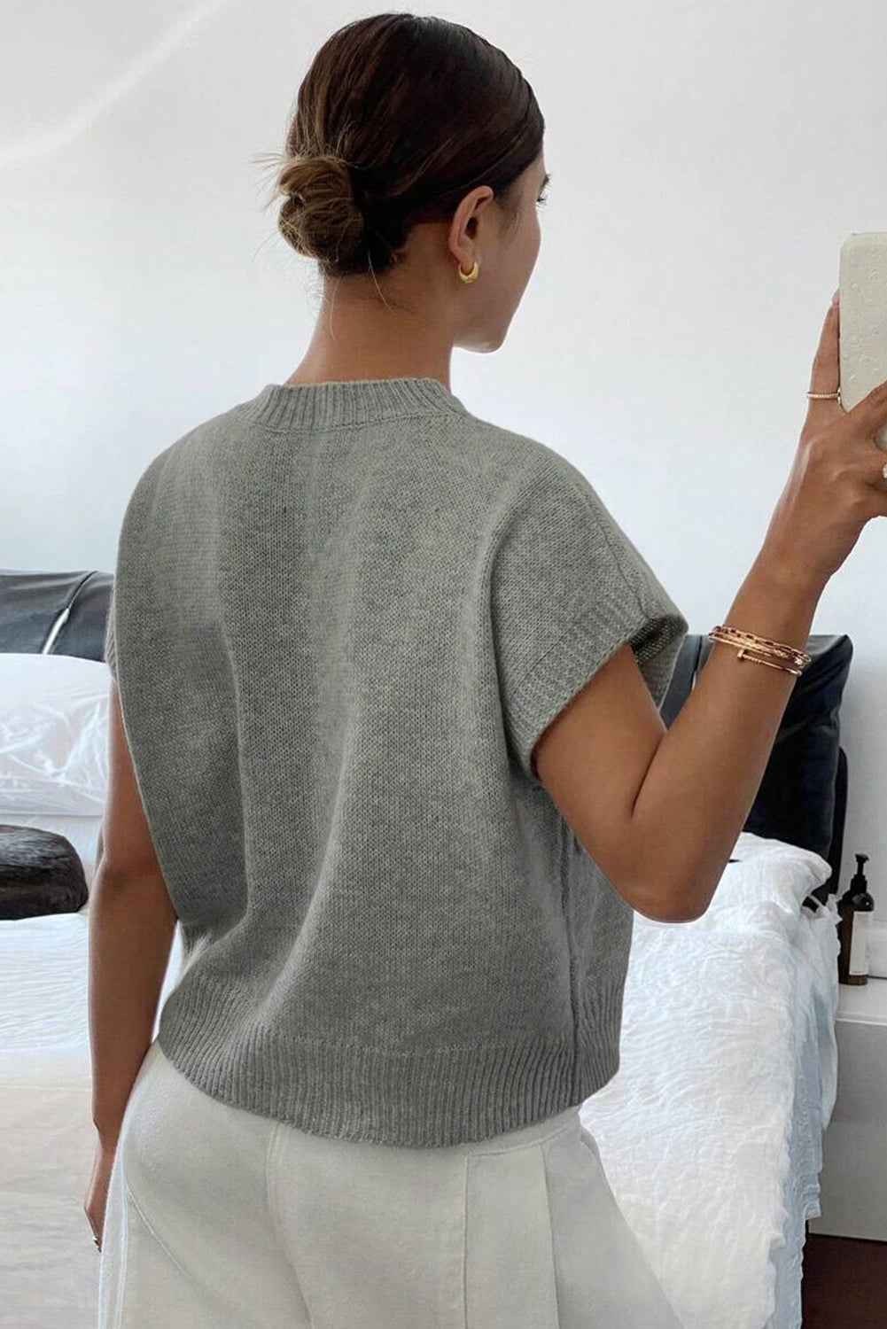 High Flower Pattern Ribbed Trim Short Sleeve Boxy Sweater