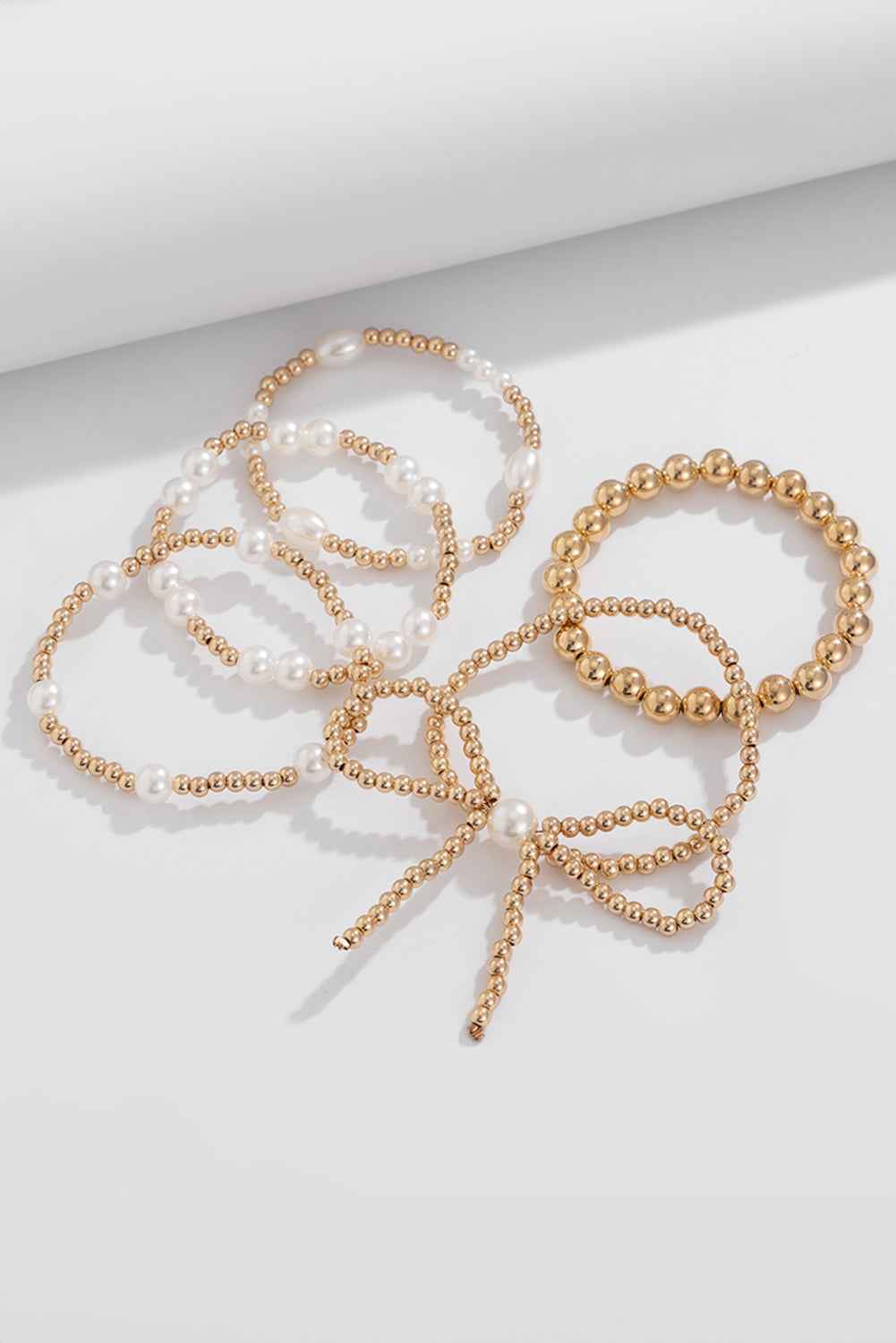 Gold Bow Knot Pearl Beaded Multi Layered Bracelet Set