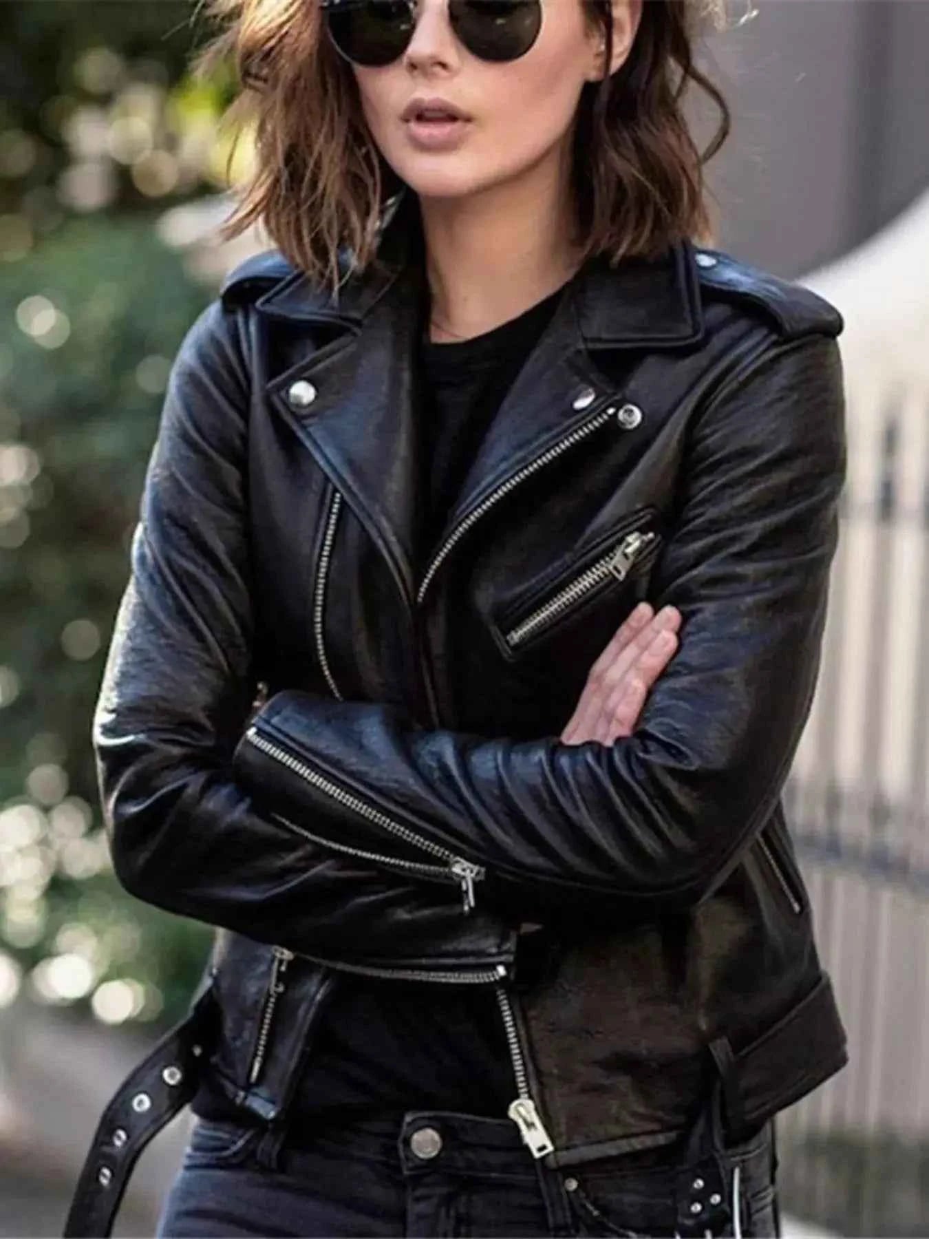 Plus Size Zip Up Motorcycle Biker Faux Leather Jacket