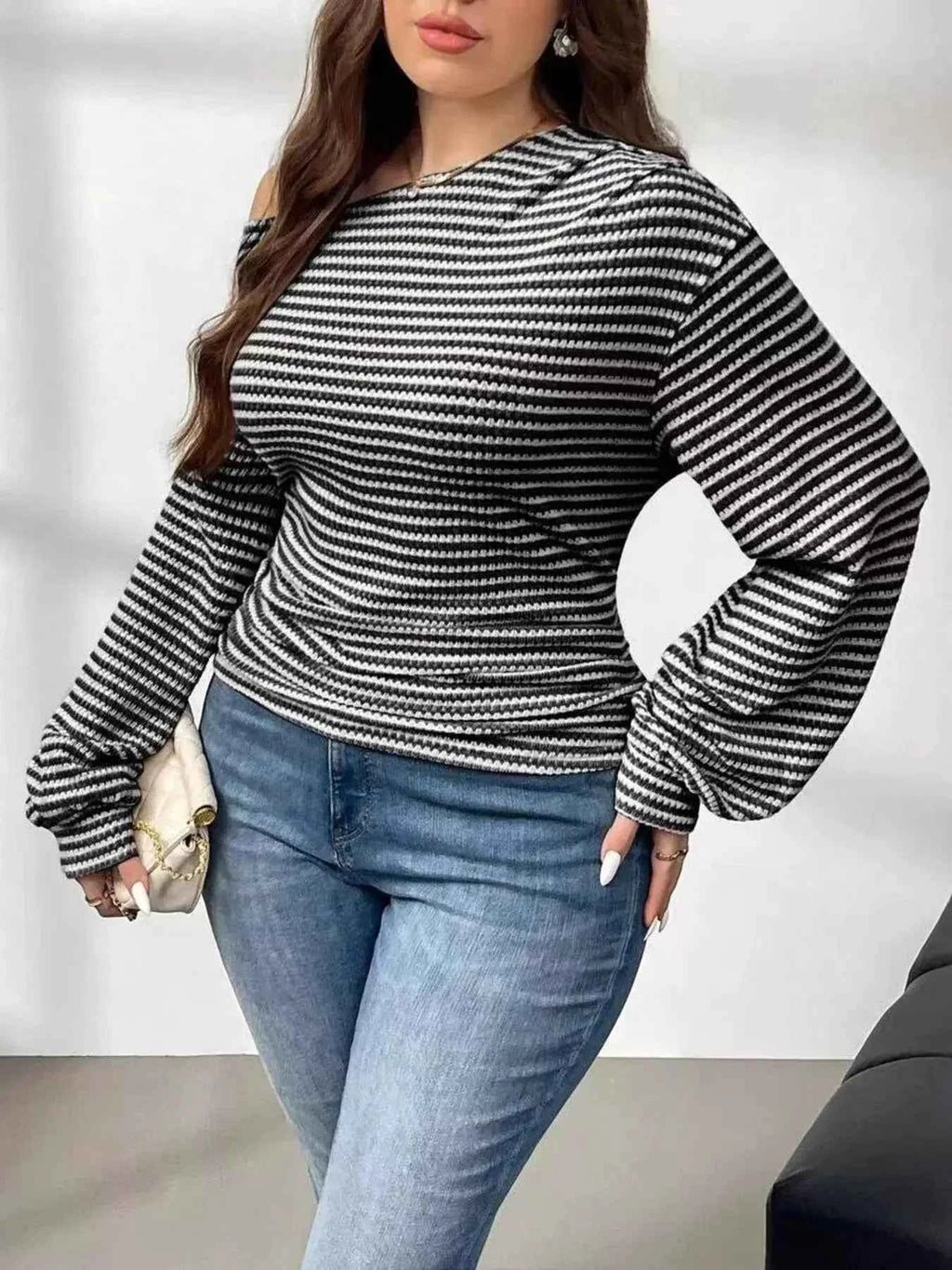 Striped One-Shoulder Plus Size Long Sleeve T Shirt