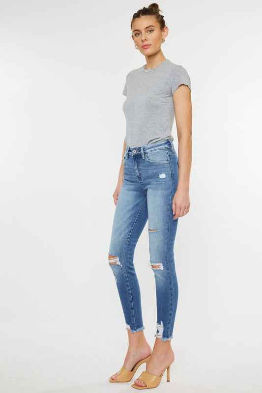 High Rise Fray Hem Ankle Skinny Jeans