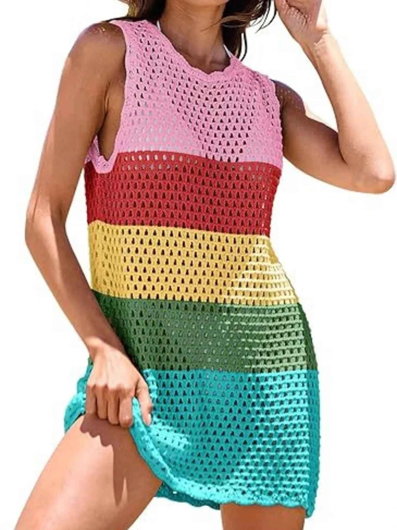 Color Block Openwork Cutout Back Sleeveless Cover Up