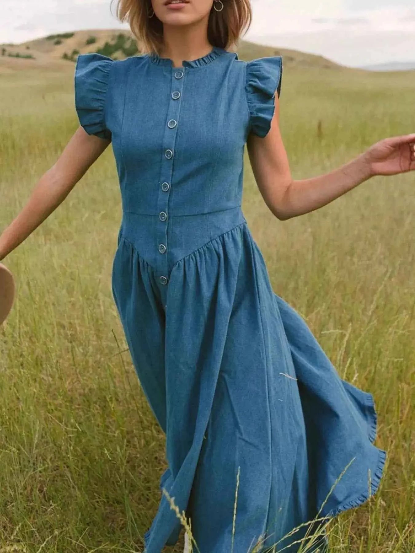 Ruffled Cap Sleeve Denim Dress