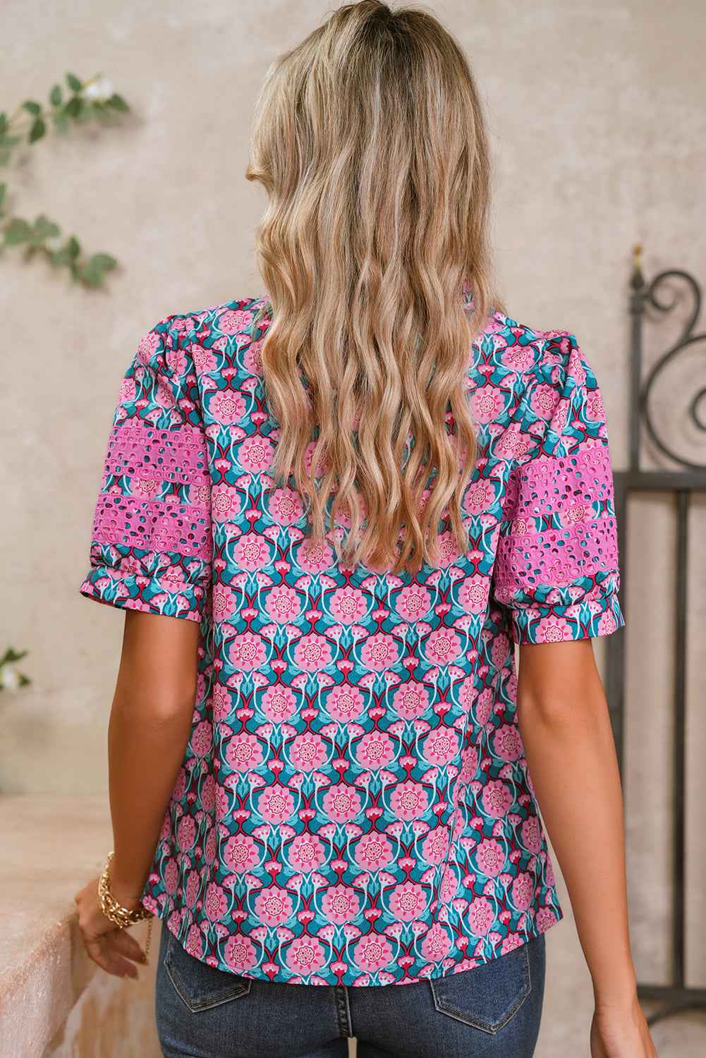 Sachet Pink Frill V-Neck Abstract Print Puff Sleeve Top