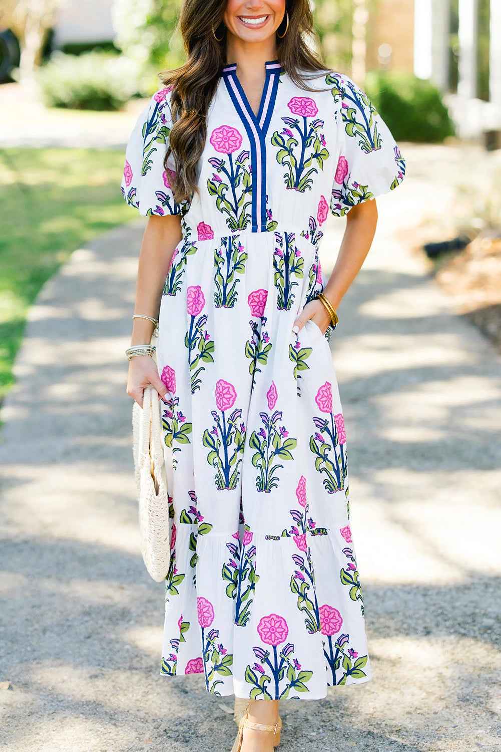 White Floral Puff Short Sleeve V Neck High Waist Maxi Dress