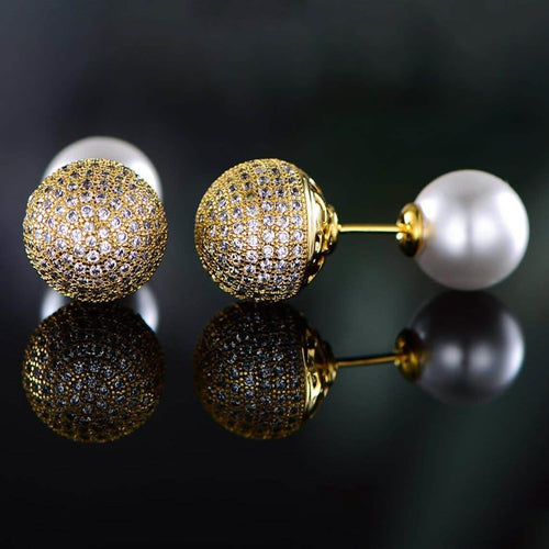 18K Gold Plated Pearl and Swarovski Crystal Ball Front-Back Earrings by DailySale