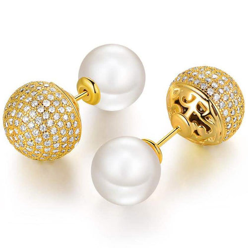 18K Gold Plated Pearl and Swarovski Crystal Ball Front-Back Earrings by DailySale