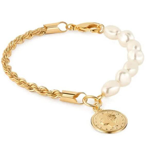 18K Gold Rope and Pearl Bracelet with Coin Charm 8" by DailySale