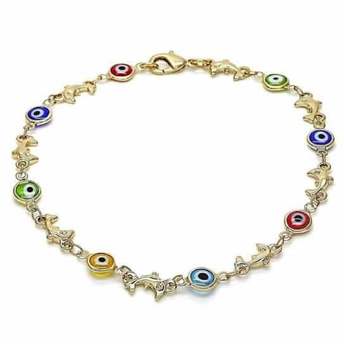 18k Women's Gold Filled High Polish Finish Dolphin Multi-color Evil Eye Lobster Clasp Ankle Bracelet 10'' Inch by DailySale