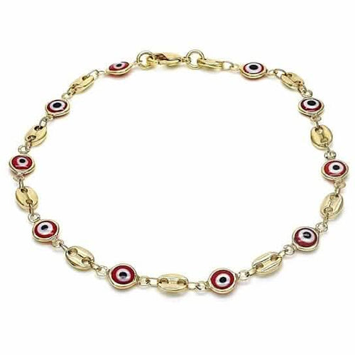 18k Women's Gold Filled High Polish Finish Mariner Marina- Red Evil Eye Lobster Clasp Ankle Bracelet 10'' Inch by DailySale
