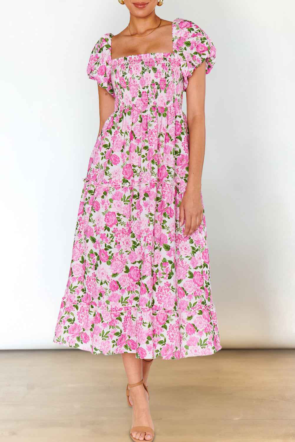 Pink Dainty Floral Smocked Puff Sleeve Flowy Long Dress
