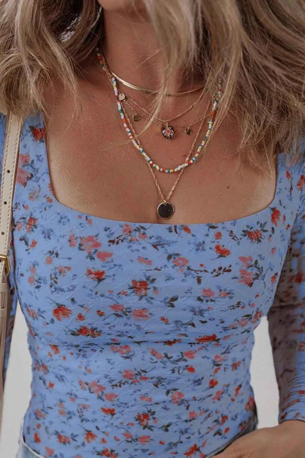 Floral Print Square Neck Long Sleeve Top