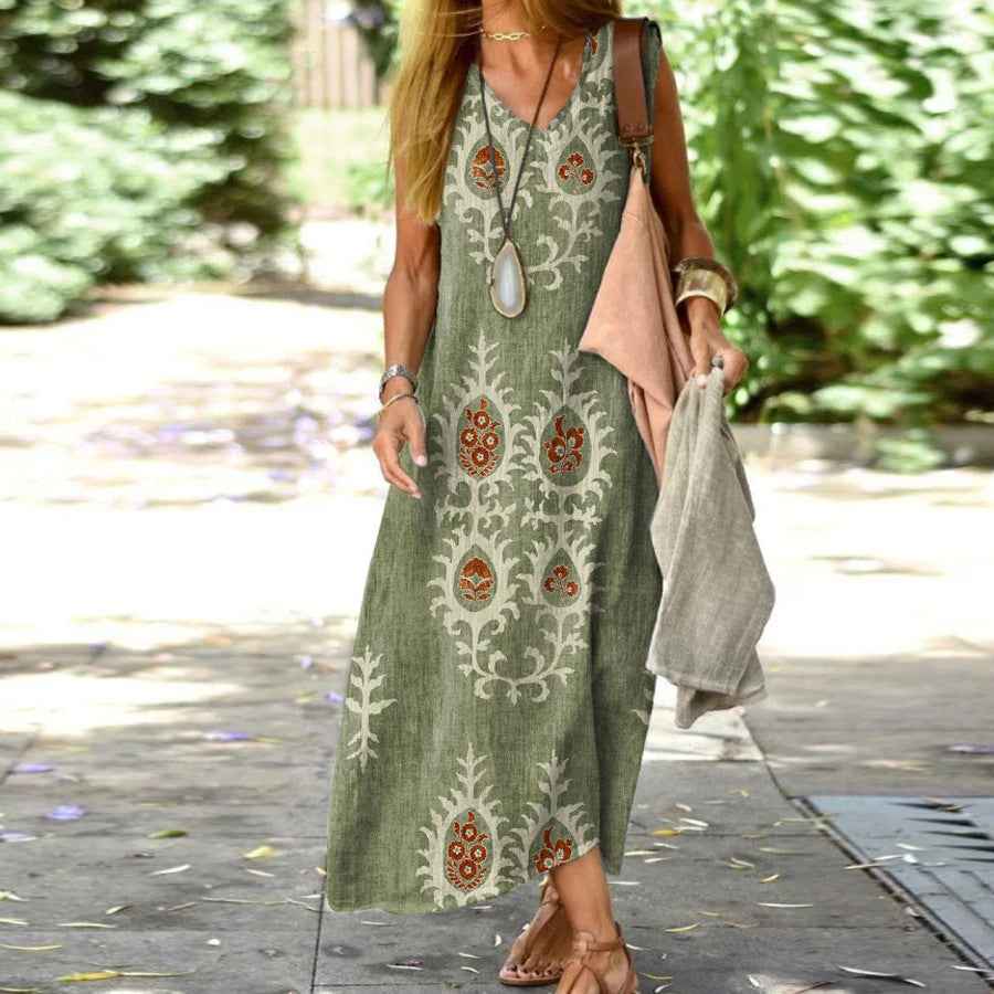 Elegant Floral Printed V-neck Sleeveless Dress