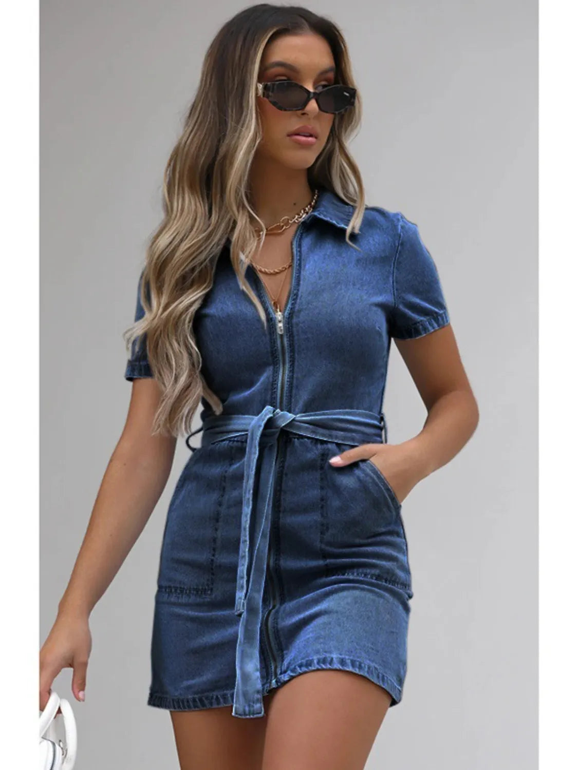 Full Size Zip Front Short Sleeve Denim Dress Plus Size by Selvanelle