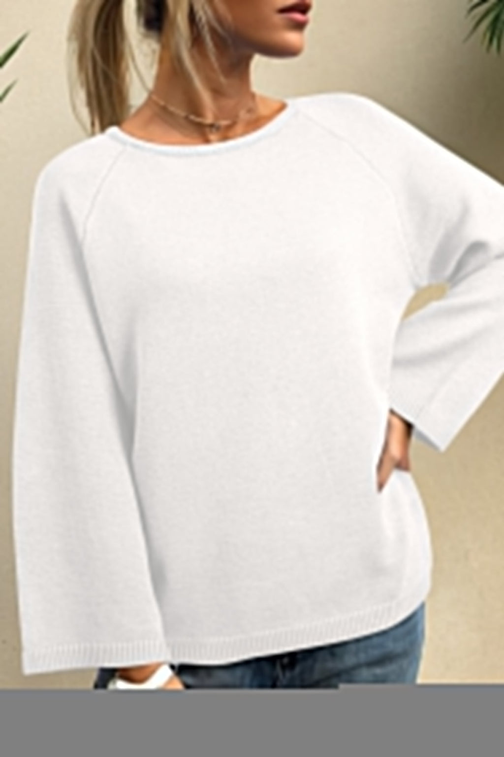 White Solid Color Knit Loose Bracelet Sleeve Dolman Sweater