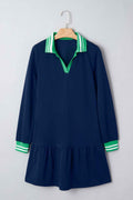 Navy Blue Contrast Striped Cuffs Polo Collar Patchwork Long Sleeve Ruffle Hem Mini Dress