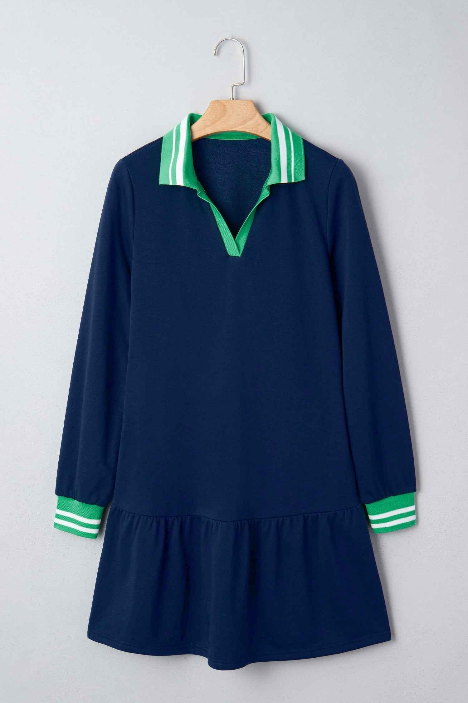 Navy Blue Contrast Striped Cuffs Polo Collar Patchwork Long Sleeve Ruffle Hem Mini Dress
