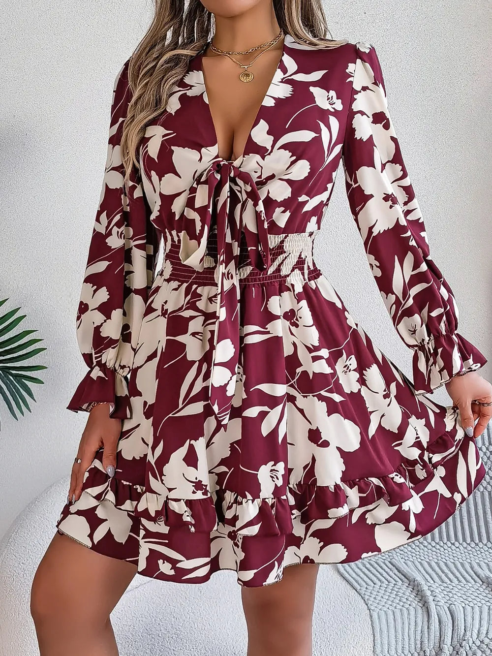 Tied Ruffled Printed Long Sleeve Dress by Shopiebay