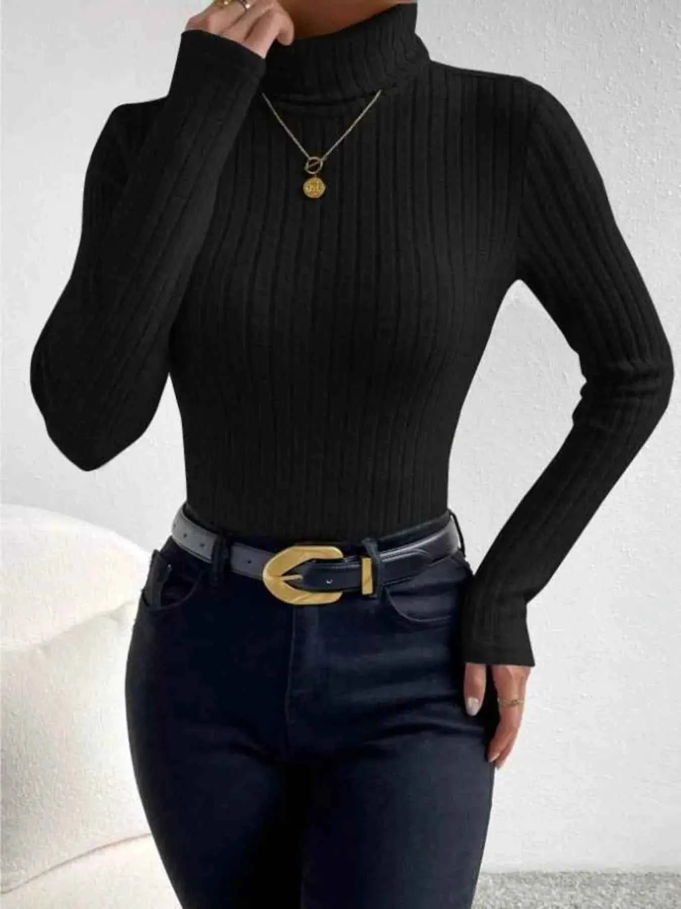 Ribbed Turtleneck Long Sleeve T Shirt