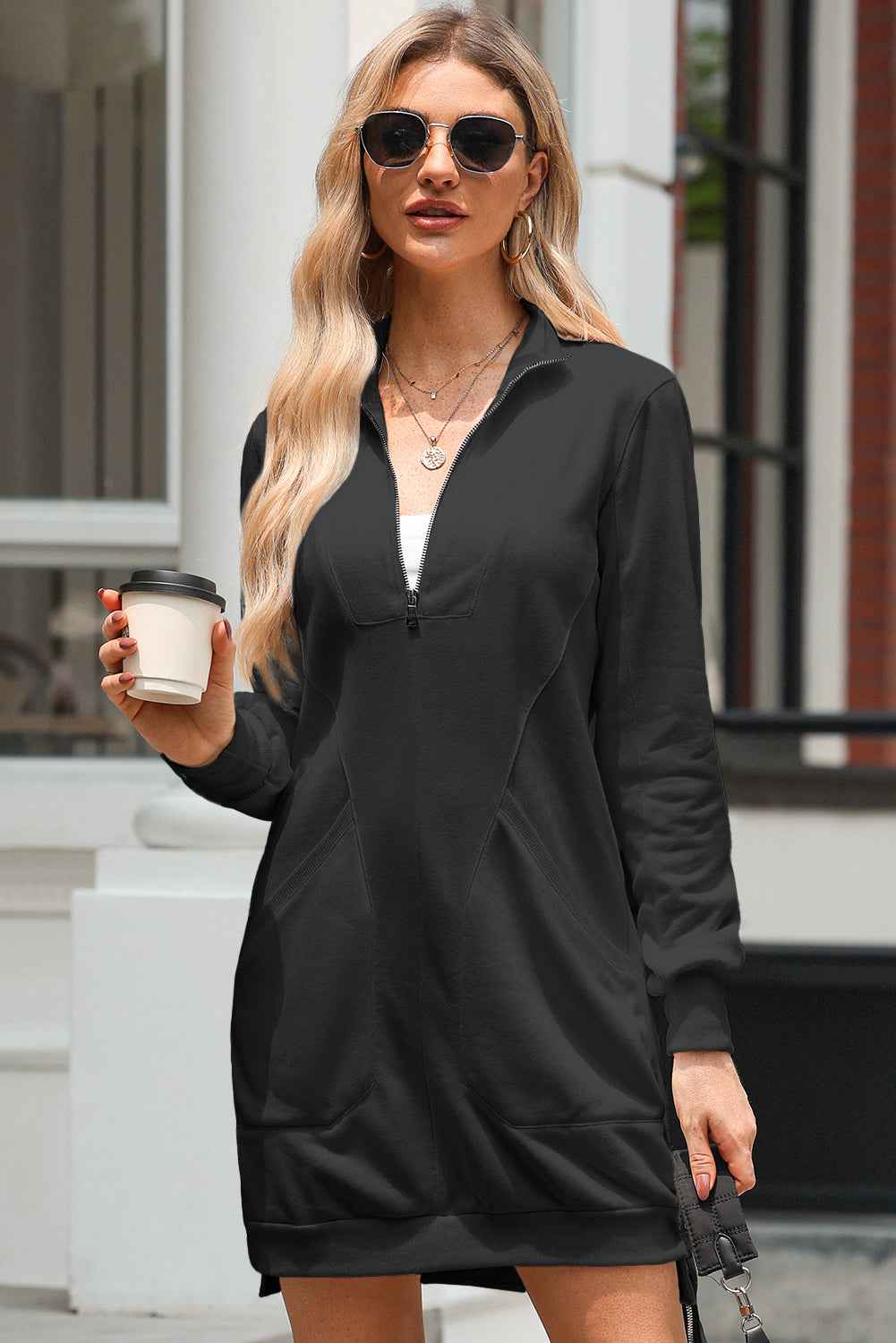 Black Zip up Collared Ribbed Patchwork Sweatshirt Dress with Pockets