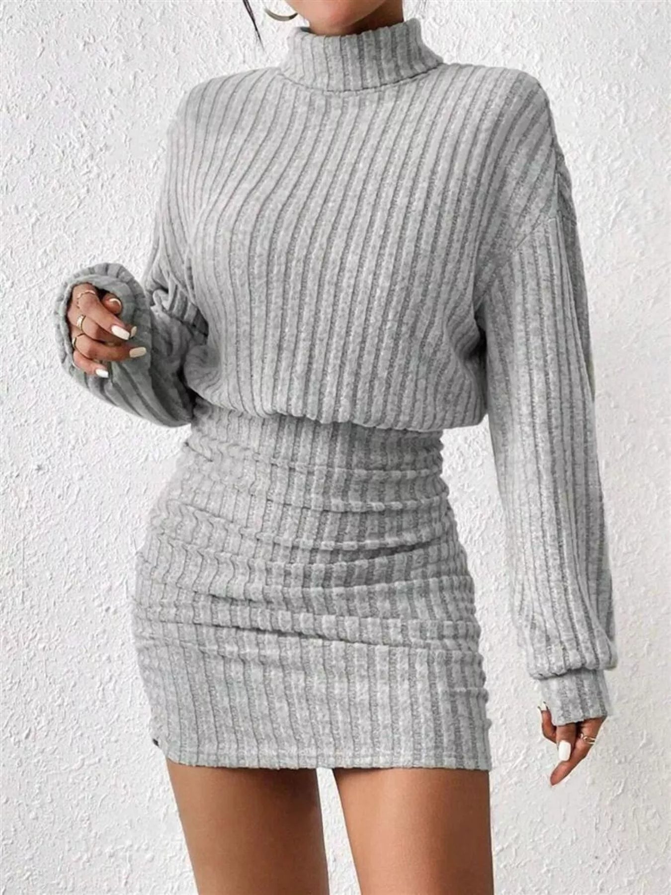 Ribbed Knit Turtleneck Bodycon Mini Dress by Shopiebay