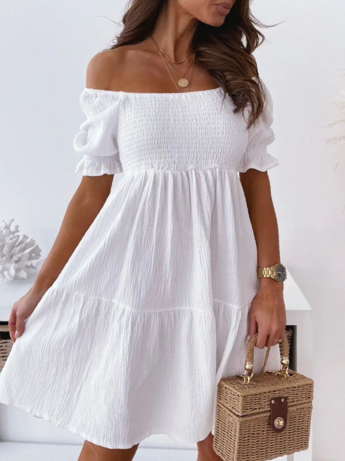 Smocked Off-Shoulder Mini Dress by Shopiebay