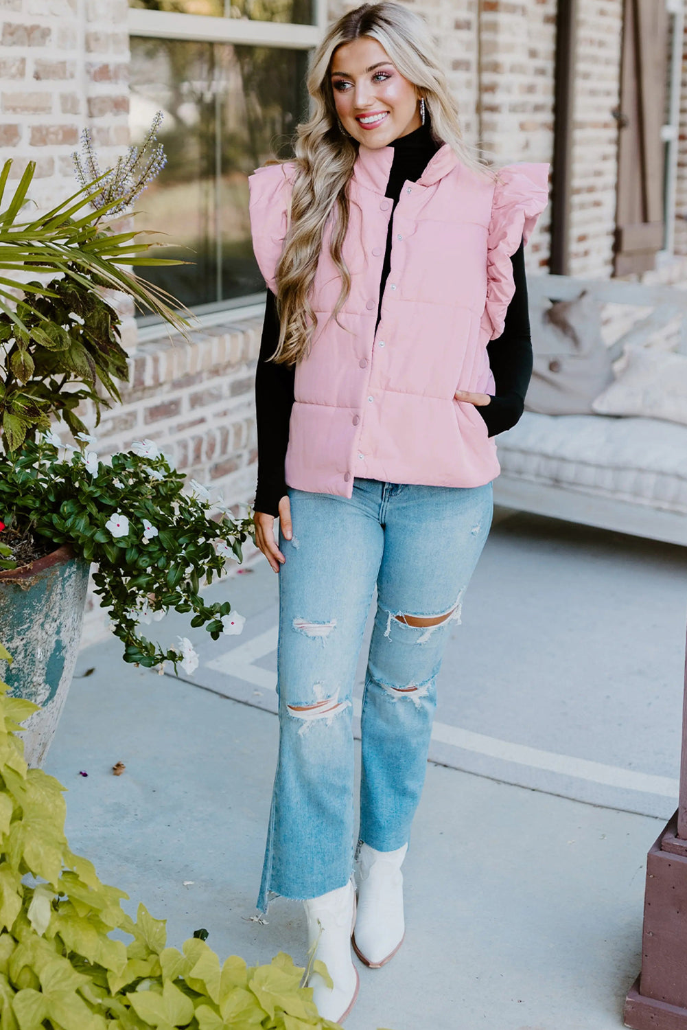Pink Stand Neck Flutter Sleeve Snap Button Puffer Vest