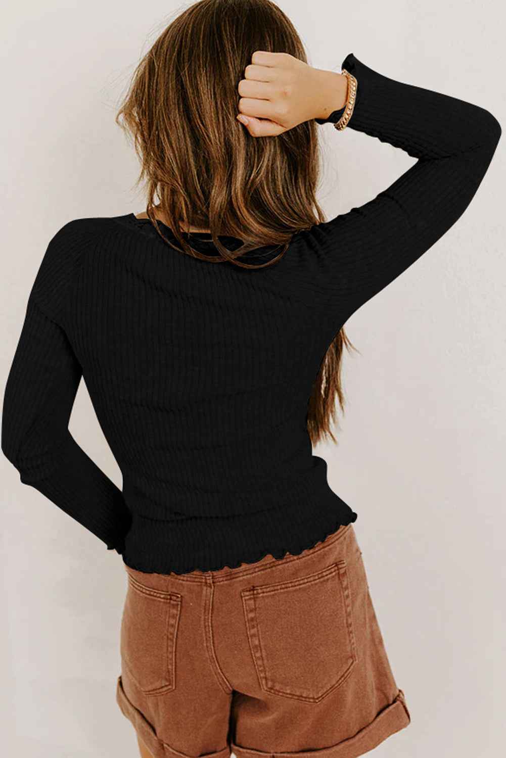Black Lace Neckline Button Decor Lettuce Edge Long Sleeve Ribbed Top