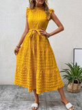 Tied Ruffled Cap Sleeve Midi Dress by Shopiebay