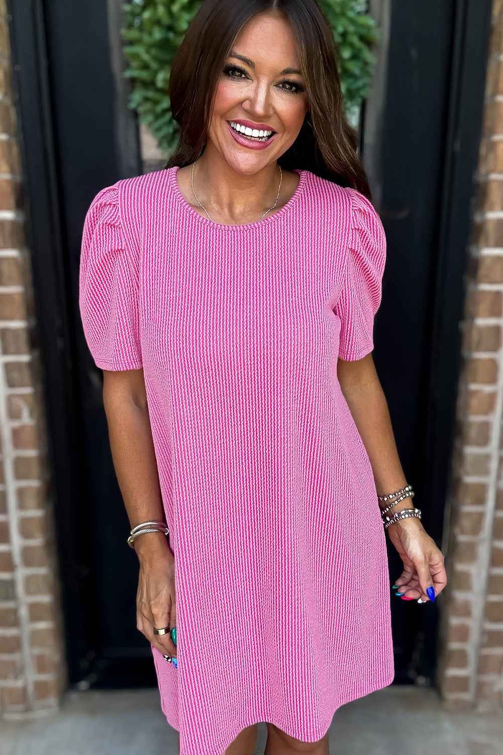 Bright Pink Corded Crew Neck Puff Sleeve Mini Dress