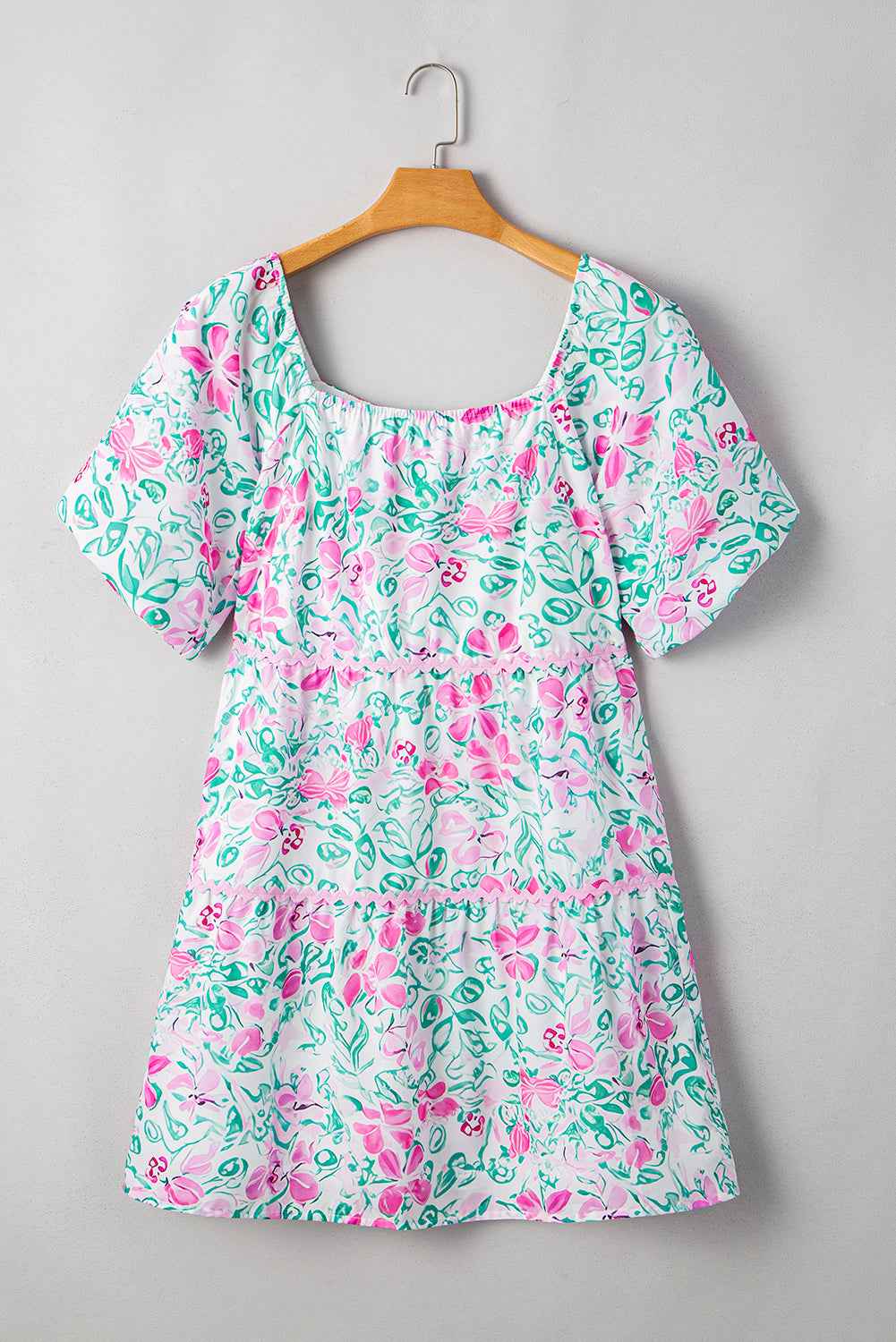 White Floral Print Ric-rac Trim Square Neck Plus Size Mini Dress
