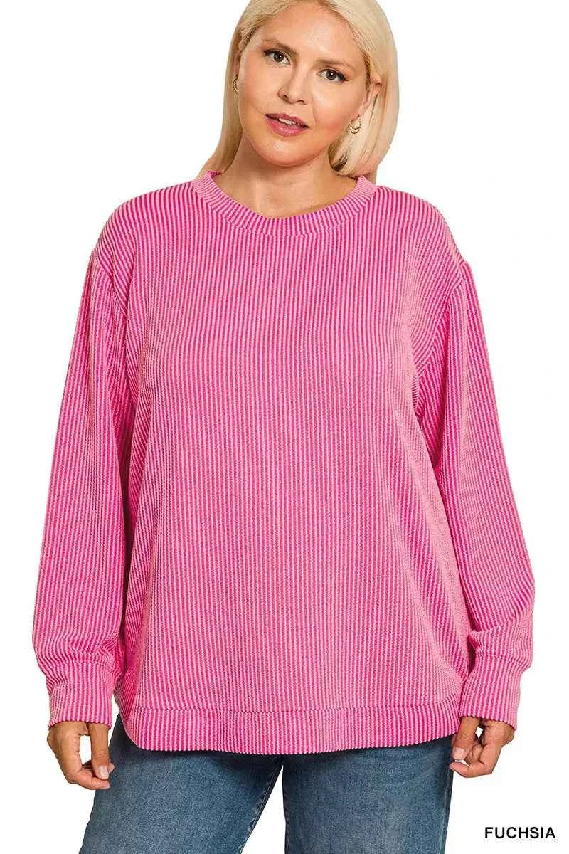 Zenana Plus Size Raised Rib Round Neck Long Sleeve Top