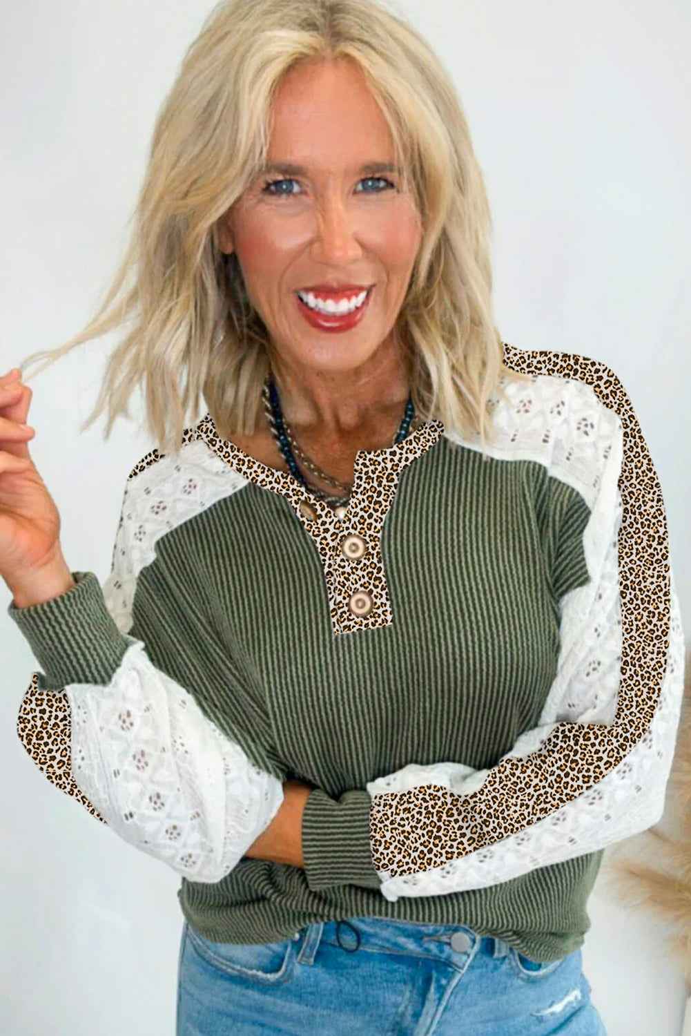 Vineyard Green Texture Patchwork Lace Sleeve Leopard Henley Top