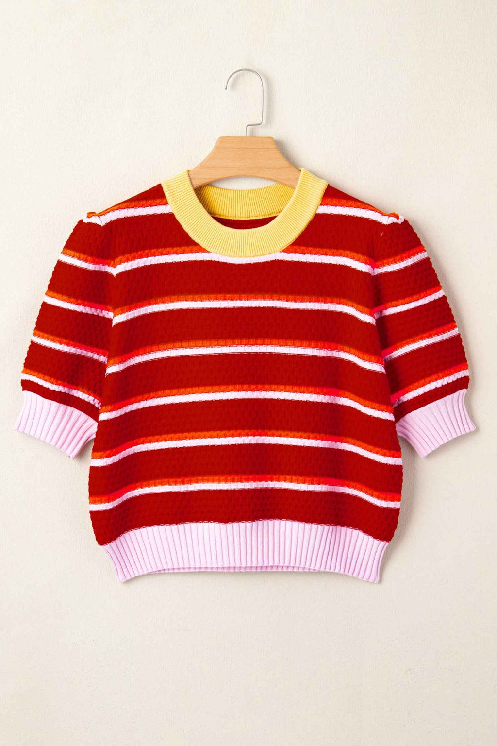 Red Stripe Colorblock Trim Half Sleeve Sweater Top