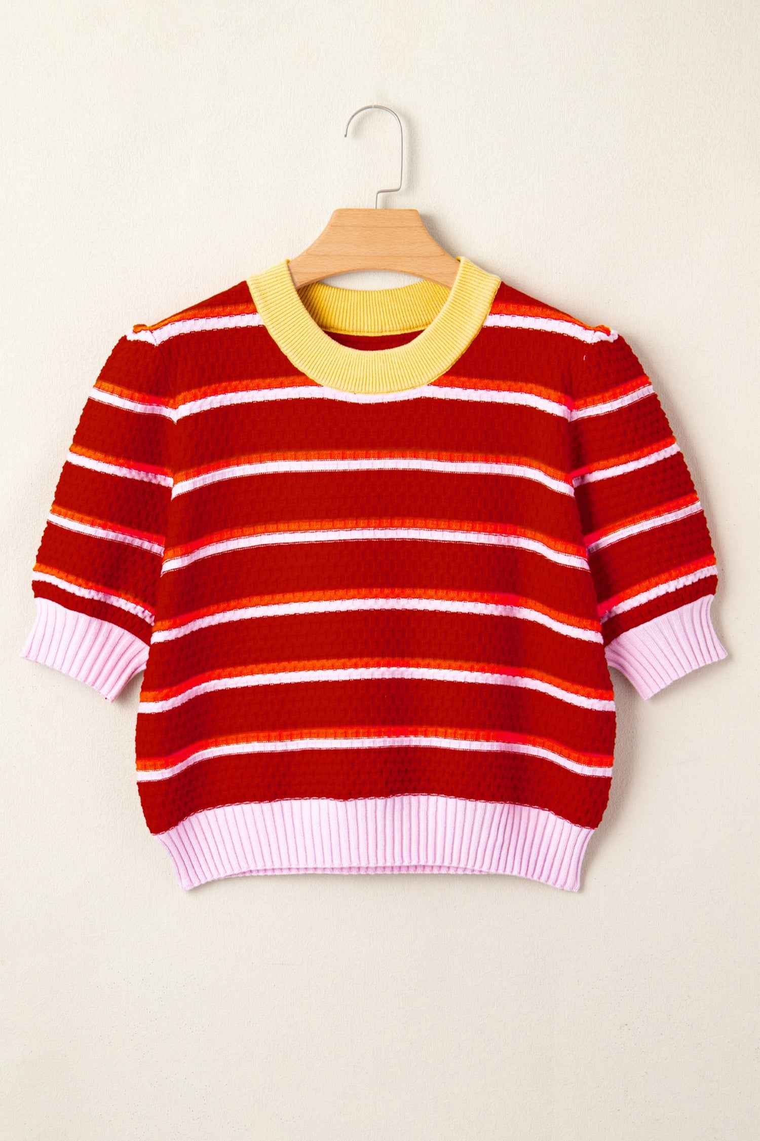 Red Stripe Colorblock Trim Half Sleeve Sweater Top
