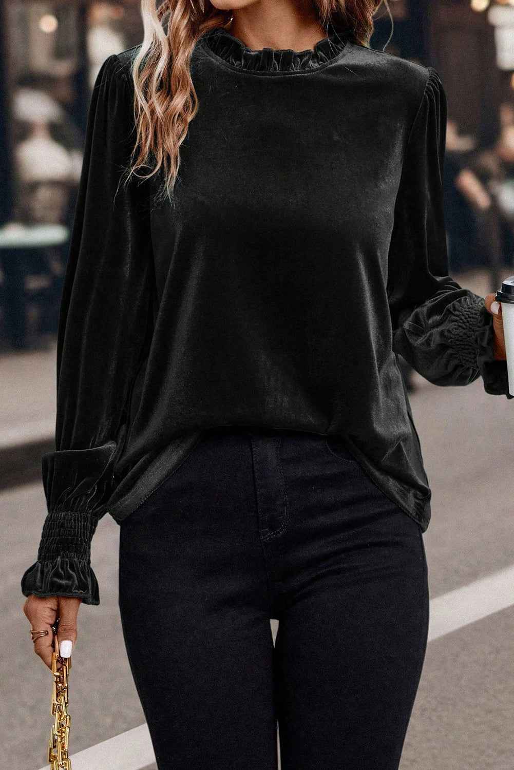 Black Frilled Collared Smocked Cuffs Puff Sleeve Velvet Blouse
