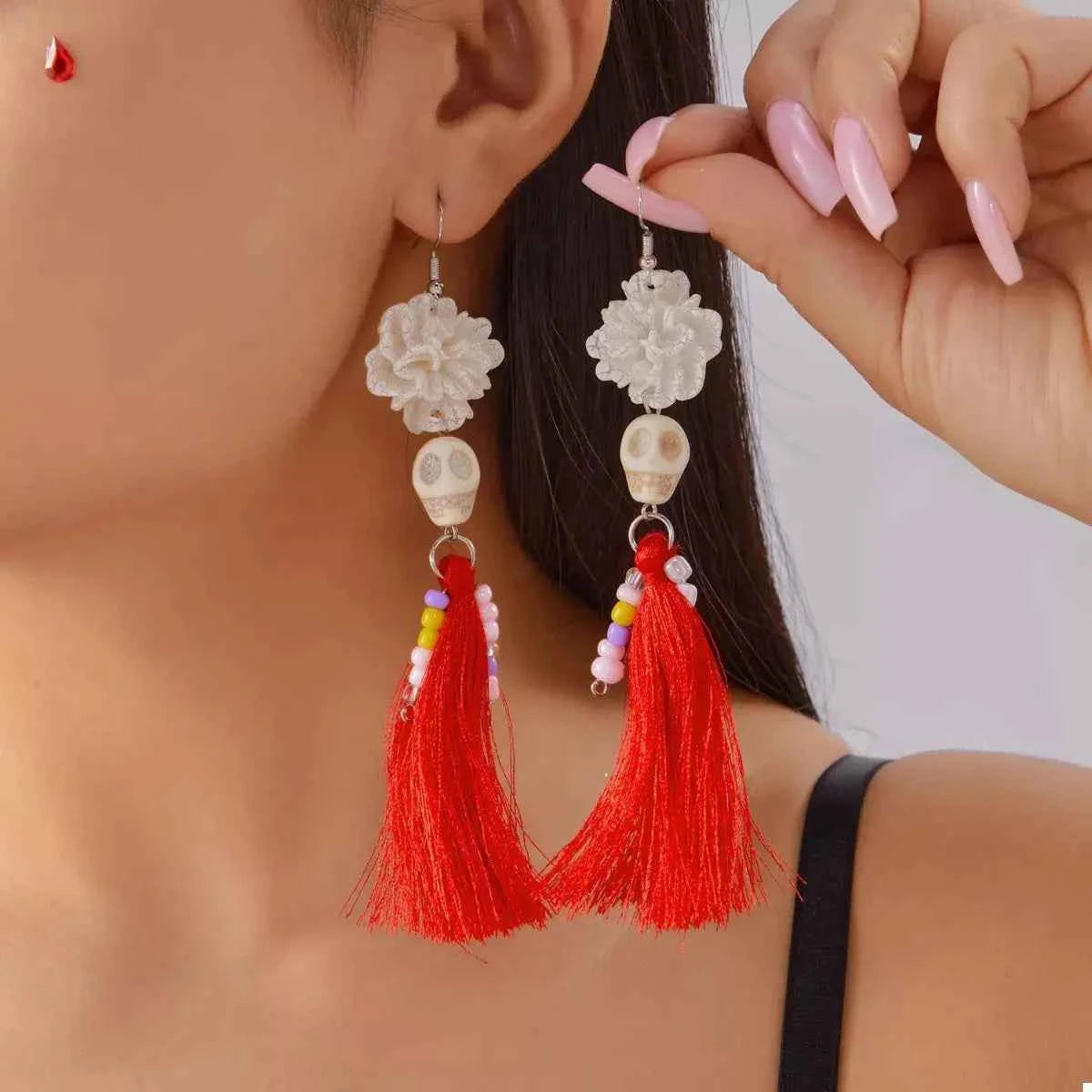 Sugar Skull Tassel Halloween Drop Earrings