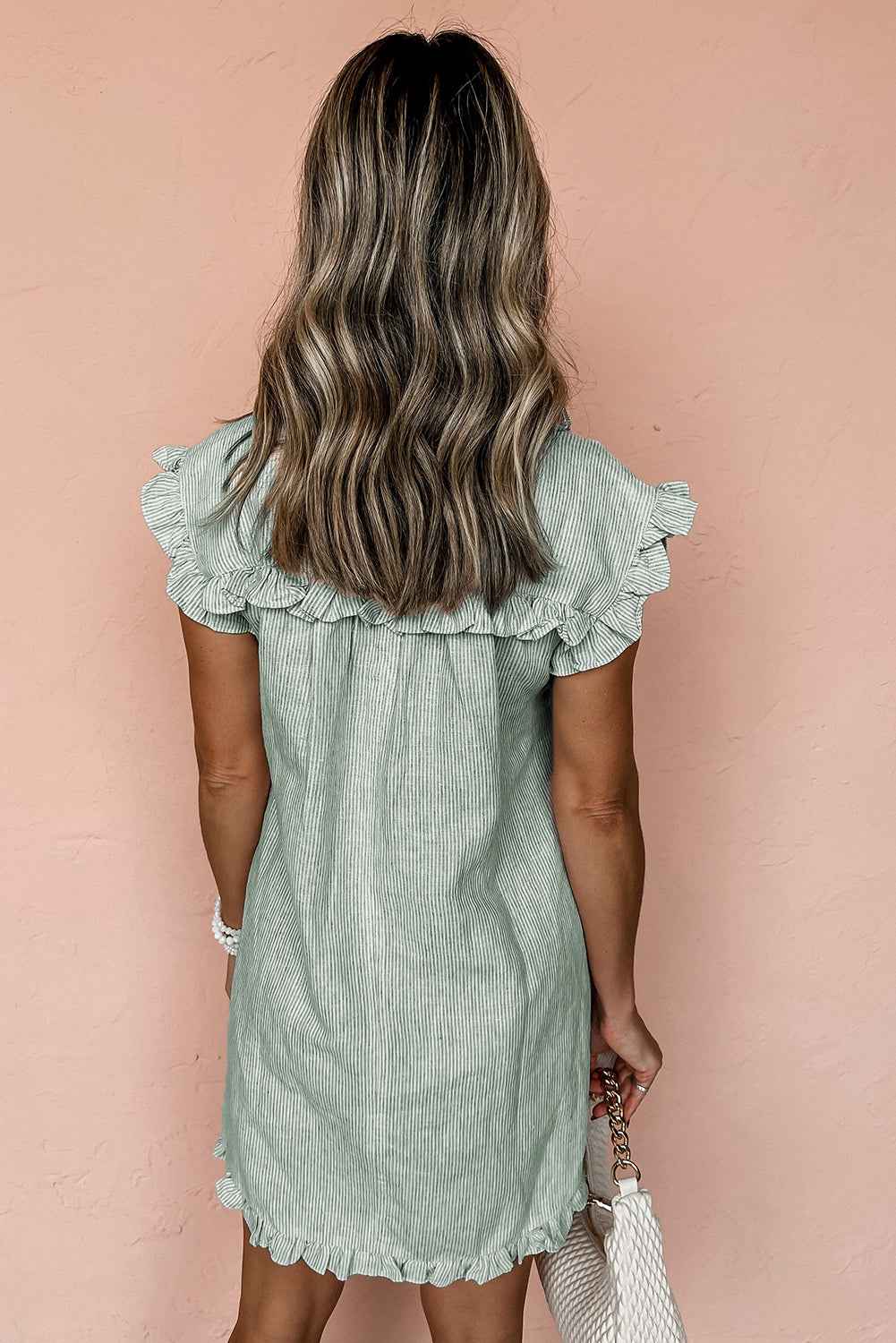 Green Stripe Frill Trim Pocket Button Up Mini Dress