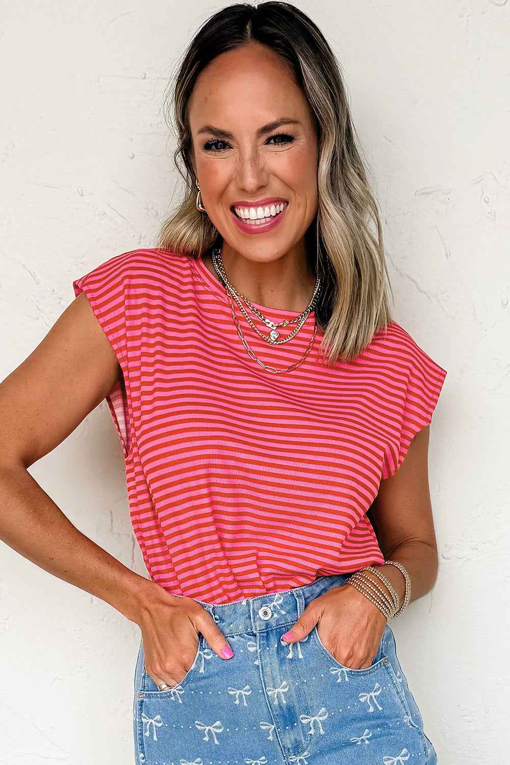 Red Stripe Ribbed Cap Sleeve Round Neck T Shirt