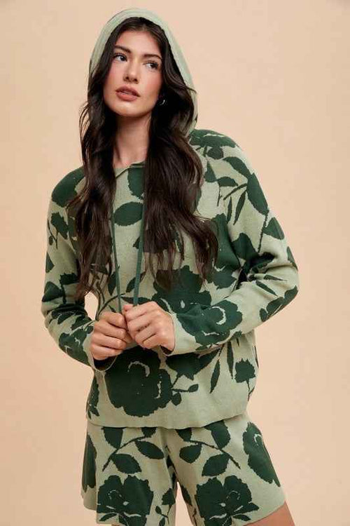 Annie Wear Flower Pattern Drawstring Hooded Top and Shorts Sweater Set by Wild and Free Boutique