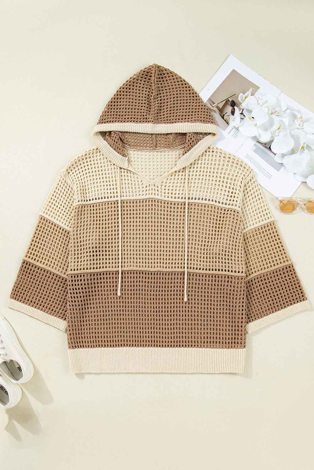 Parchment Colorblock Hollowed Knit Plus Size Hooded Jumper Sweater