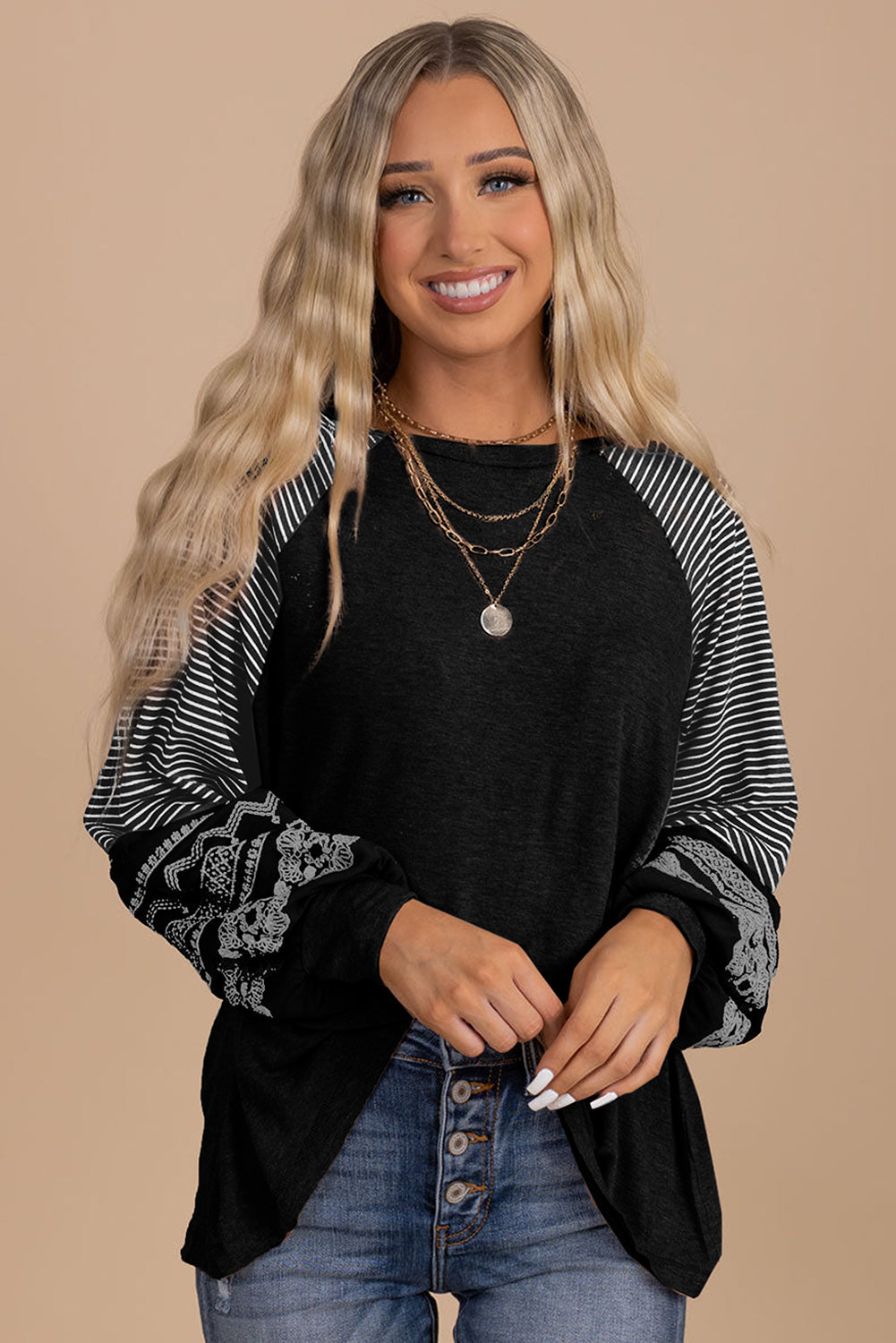 Tillandsia Purple Contrast Print Striped Raglan Long Sleeve Loose Top