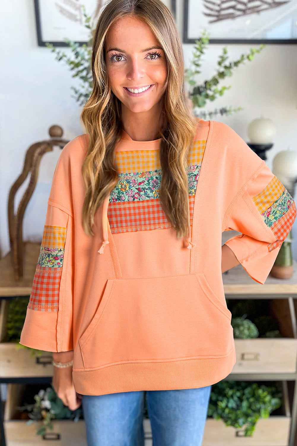Grapefruit Orange Plaid Floral Patchwork Kangaroo Pocket Hooded Long Sleeve Top